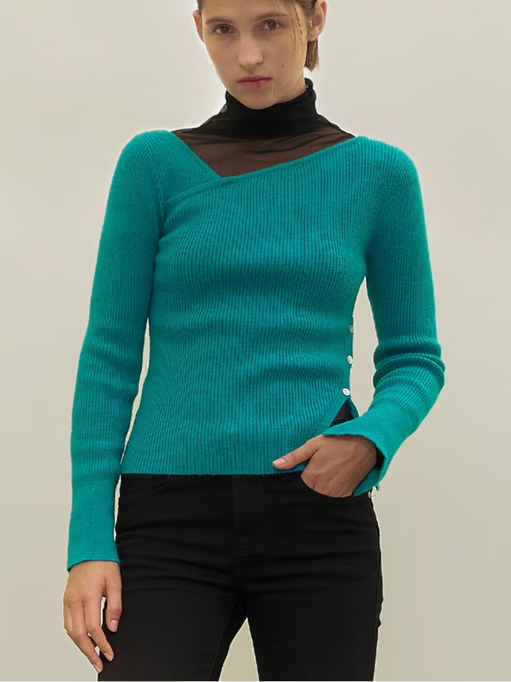 ATELIER NAIN Teal Asymmetric Ribbed Sweater with Side Button Detail SMALL
